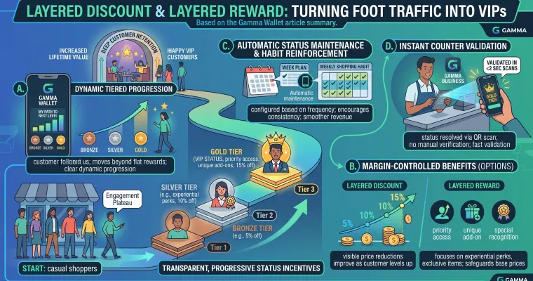 Layered discount and layered reward: turning foot traffic into VIP tiers
