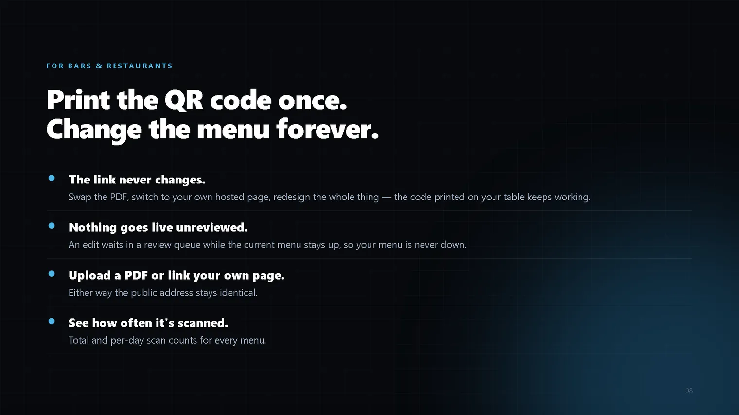 Print the QR code once and change the menu forever — the public address never changes
