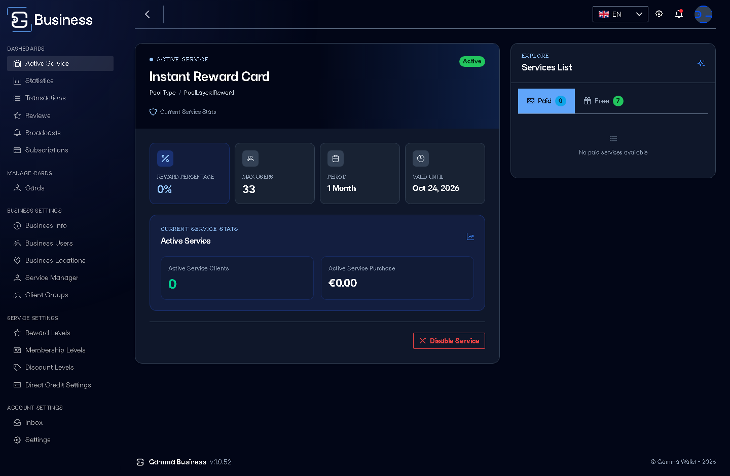 Active Service showing the Instant Reward Card service