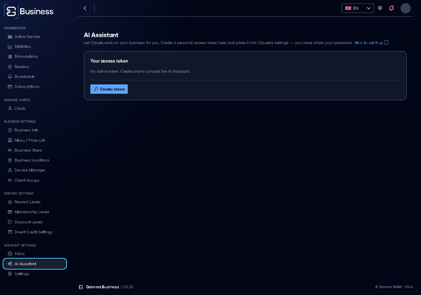 The AI Assistant page, under Account Settings