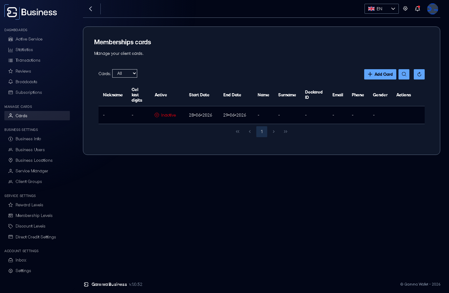 Cards under the Membership service — no Add Card button