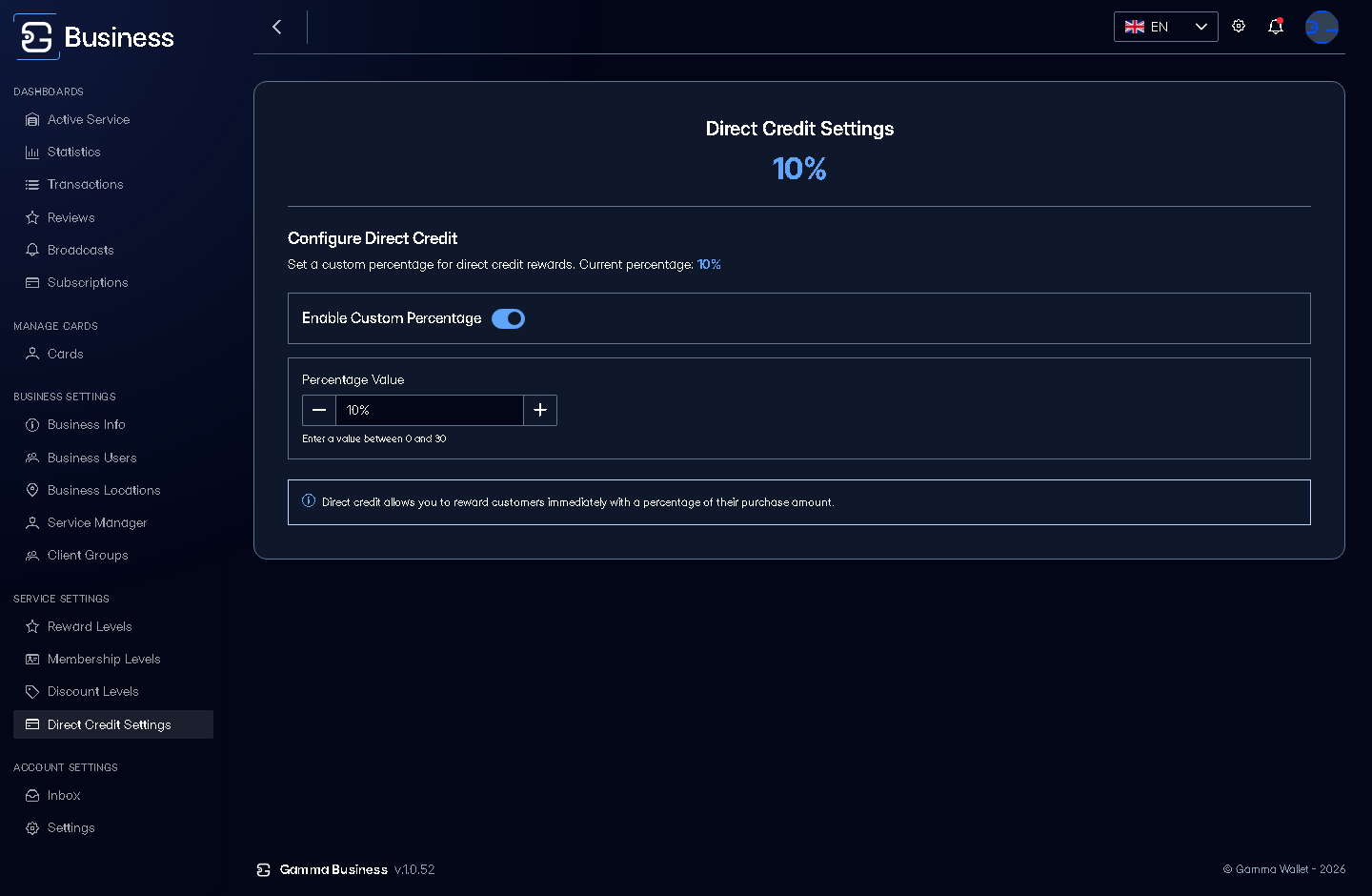 Direct Credit Settings