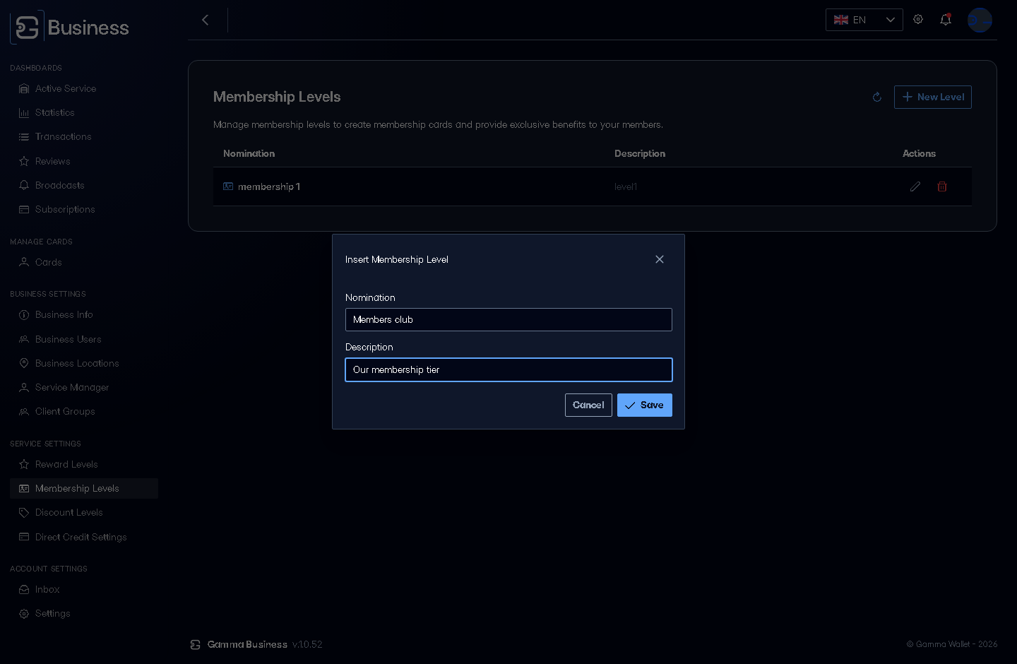 A membership level being defined