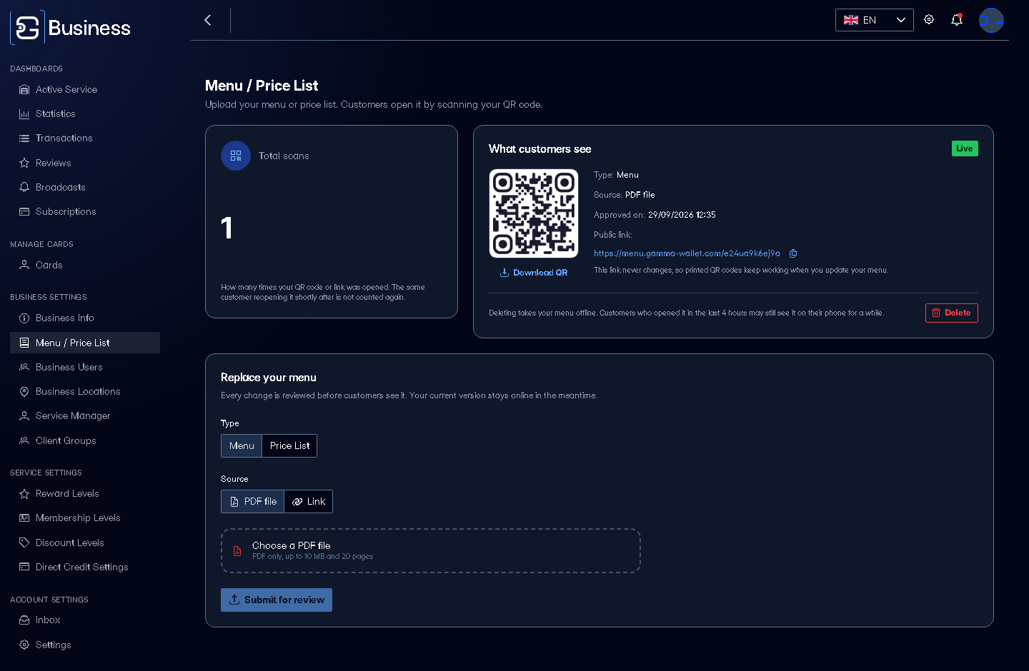 Menu / Price List, with a menu online
