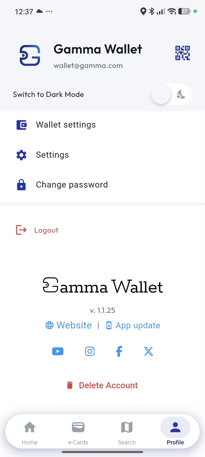 Delete Account, at the bottom of Profile