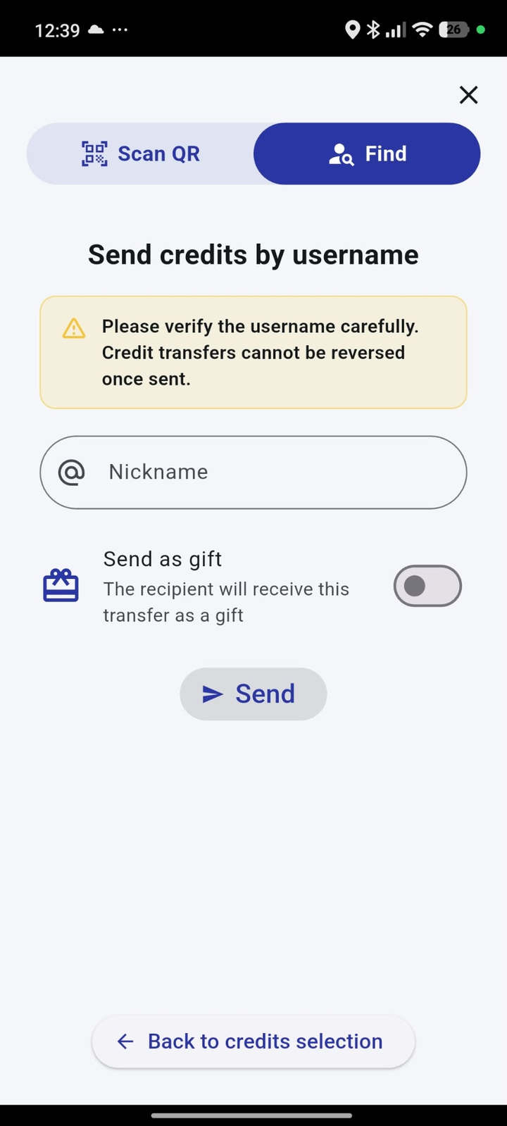 Send credits by username